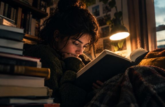 Xica fent lectura nocturna. Imatge generada amb IA.